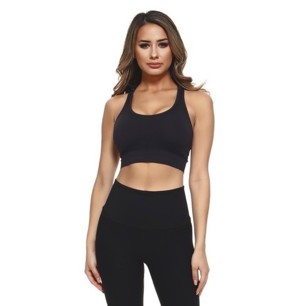 Black Caged Back Sports Bra with Hoodie - Picture 2 of 5